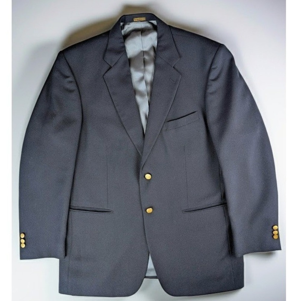 Stafford Navy Blue Wool Blend Two Button Blazer Gold Crest Buttons 44L